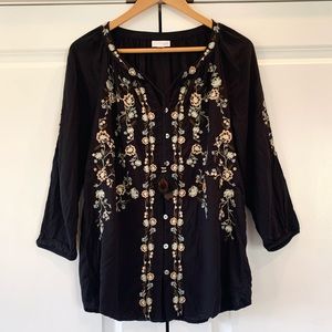 J. Jill Sz M Embroidered Peasant Blouse Tassel Split Neck Black 3/4 Sleeve